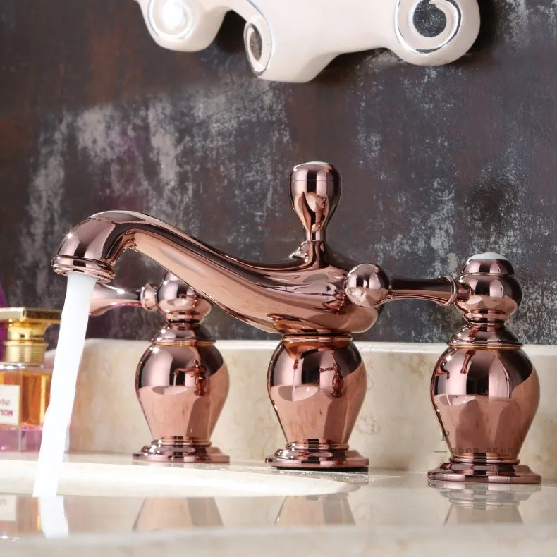 Rose gold unique Brass Bathroom Sink Faucet dual handle Deck Mounted copper Lavatory Faucet Cold and hot water Mixer Tap