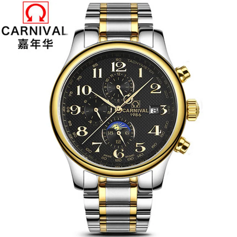 

Carnival Luxury Brand Watches Men Automatic Mechanical Men Watch Waterproof Multi-function Moon Phase Tachymeter Clock C0702-12