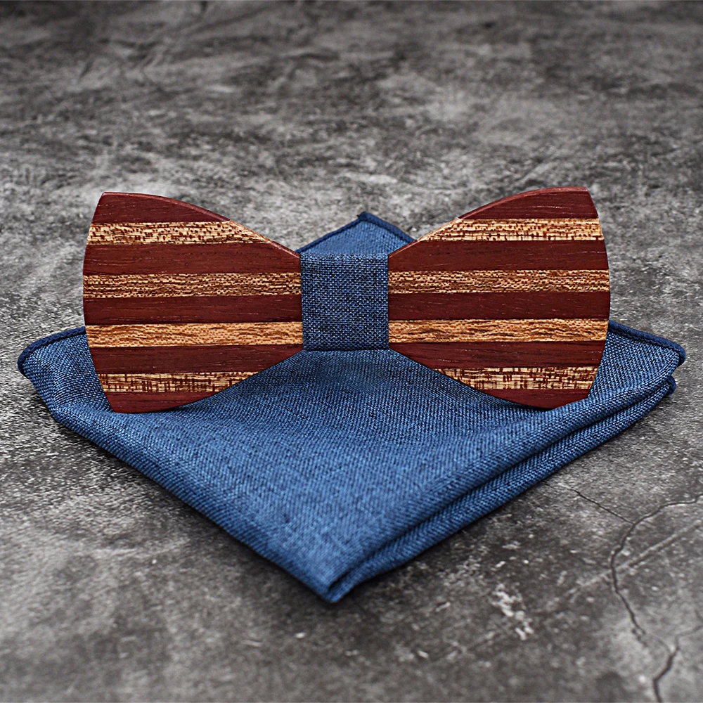 Mahoosive Patchwork Mens wooden bow tie for men wedding marry Pocket square Handkerchief Set