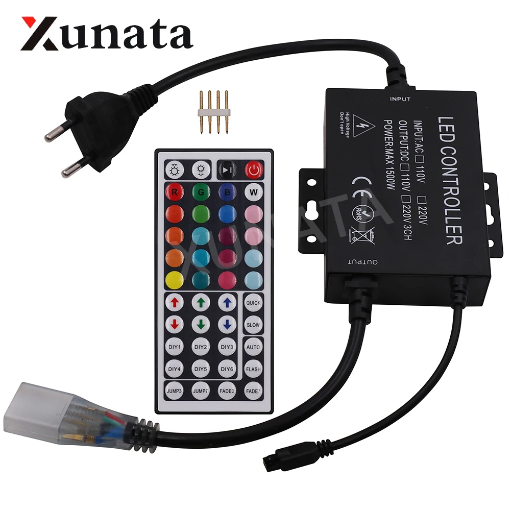 

220V 10mm 1500W UK/EU plug 44key IR remote RGB Led controller dimmer For 5050 3528 Led Strip