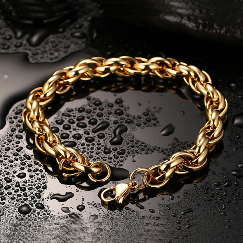 Gold Color Stainless Steel Bracelet Cool Rock Style New 22cm 9MM Thick Chain Link Bracelet Men Jewelry Wholesale