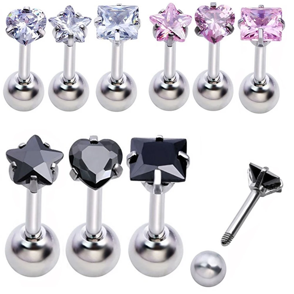 Showlove-3pcs Prong set Zircon Ear Cartilage Piercing Tragus Helix Studs Piercing Body Jewelry 16g Stianless Steel Earrings