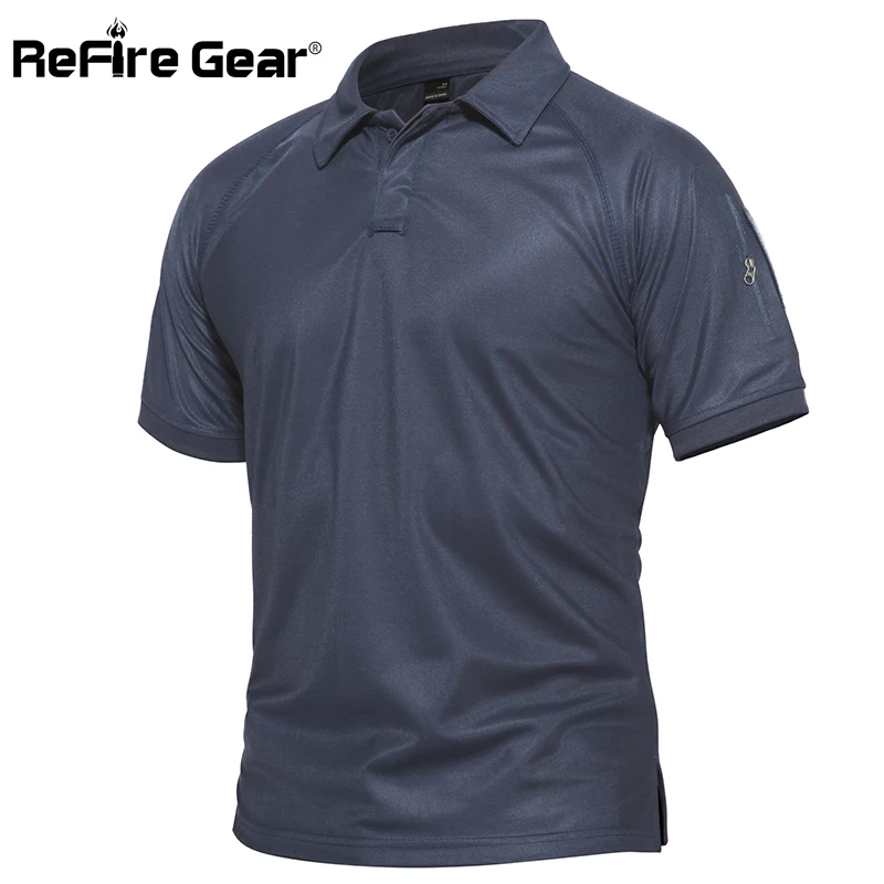 ReFire Gear Men Military Polo Shirt Breathable Army Combat Tactical Polo Male Navy Blue Quick Dry Short Sleeve Polo Shirts S-5XL