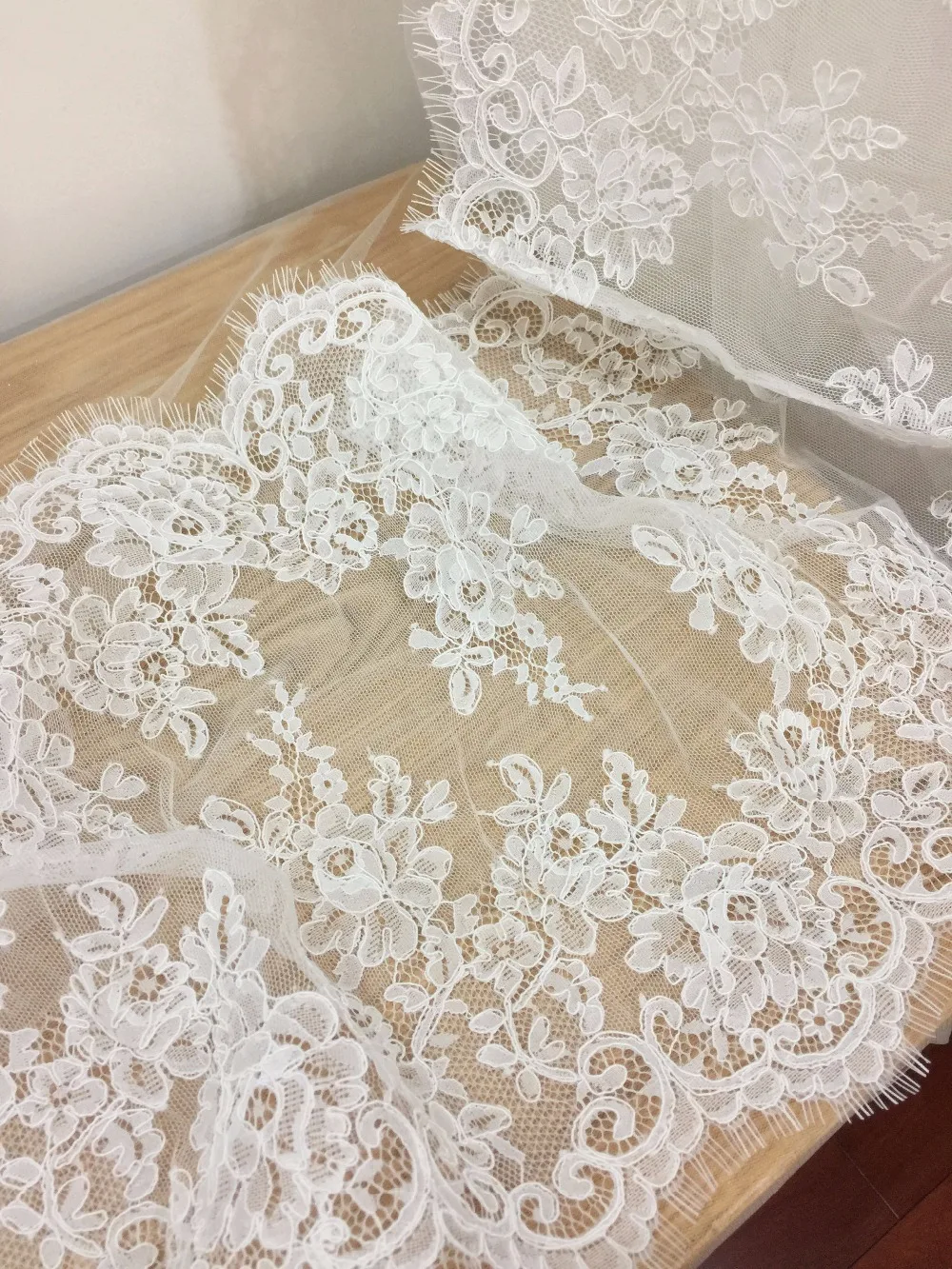 3 yards ivory French Alencon lace fabric trim 35cm wide for bridal, gowns, garters, veils DIY wedding