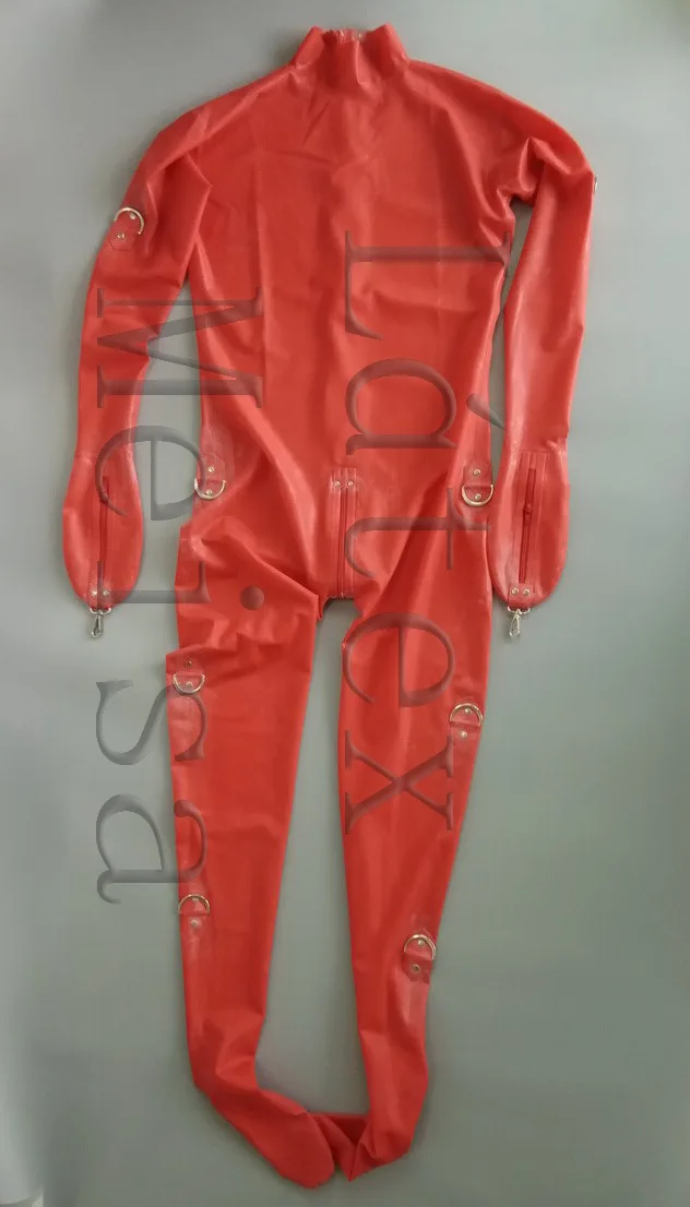 Women's Zentai latex catsuit attached back zip to abdomen and including D-ring buckles,gloves and socks in red color