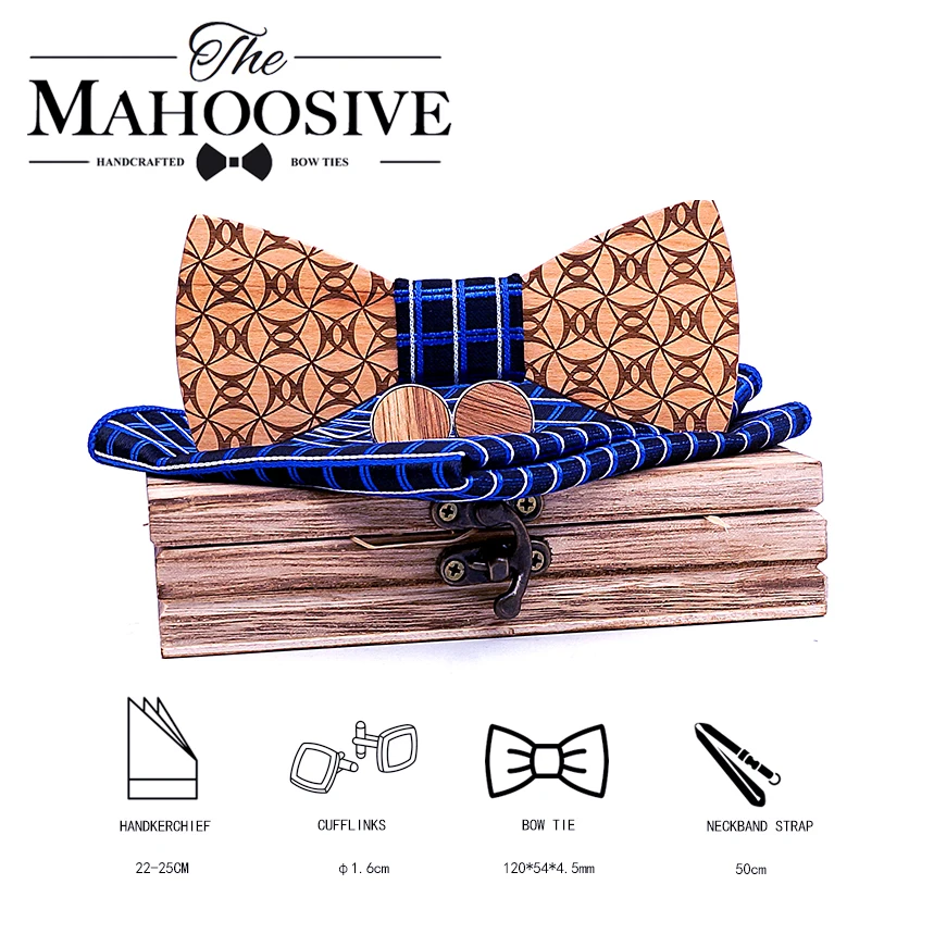 Mahoosive Wood Bow Tie Wooden Bow Ties Men's Novelty Solid Bowtie For Men Wedding Party Accessories Neckwear handkerchief