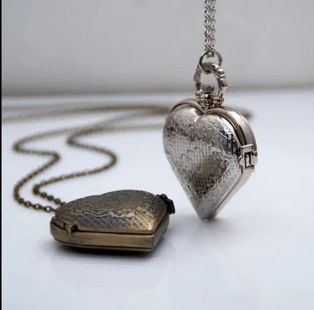 Fashion Silver bronze Heart Shape Long Necklace Pendant Women Girl Vintage Quartz Pocket Watch Hollow Steampunk Lover's Gift