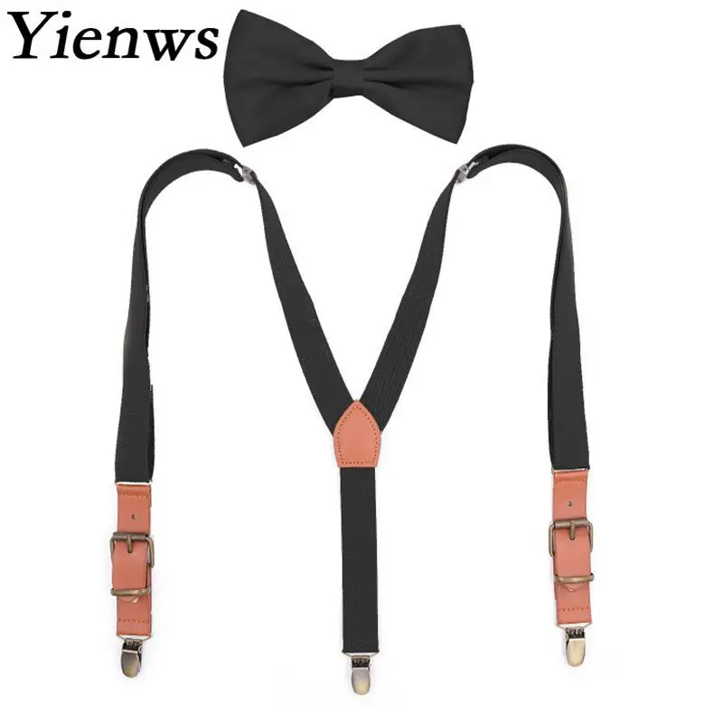 Yienws Bretelles Adultes Bow Tie สำหรับผู้ชายผู้หญิง Vintage Pu Patch Suspenders วงเล็บกางเกงผีเสื้อ Suspenders YiA098