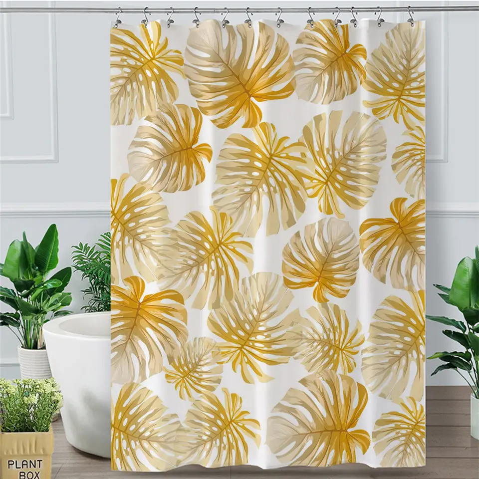 Golden Leaf Shower Curtain Tropical Botanic Waterproof Bathroom Curtain With Hooks Modern Palm Leaves douche gordijn