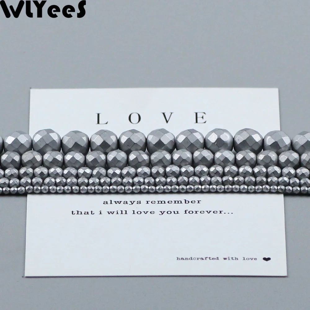 WLYeeS Silver Plated Matte faceted Round Hematite beads 2 4 6 8 10mm ball loose beads for Jewelry Necklace Bracelet Making DIY