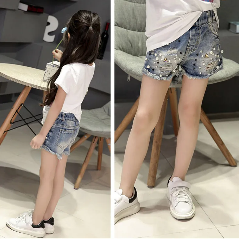 Fashion Girls Denim Shorts For Summer New Baby Kids Hole Hot Short New Nail Pearl Jeans Pants Children Clothing