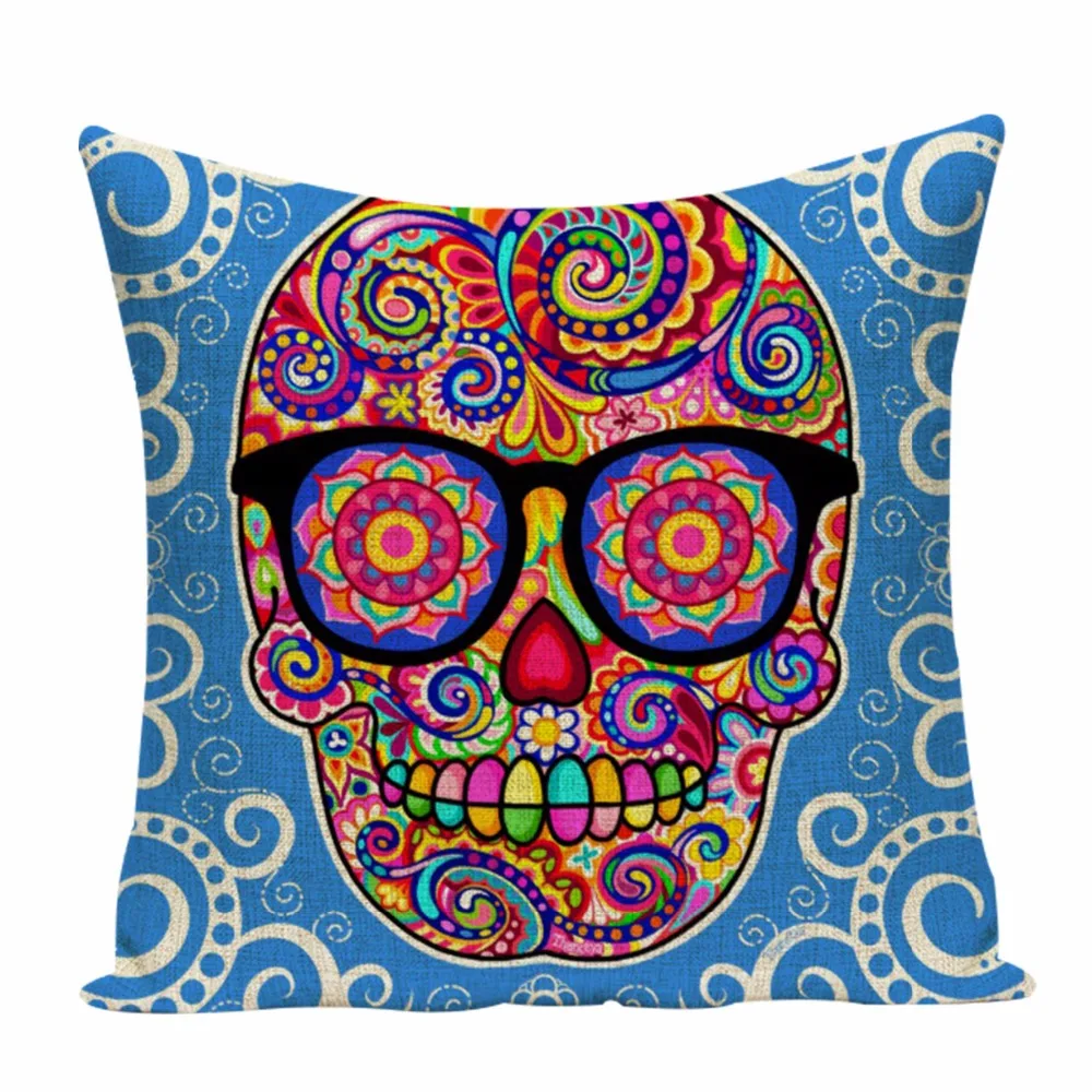 Colorful Square Pillow Cover Sugar Skull Decor Living Room Customized Cushion Polyester Print Car Seat Cover Custom Cushion Cove
