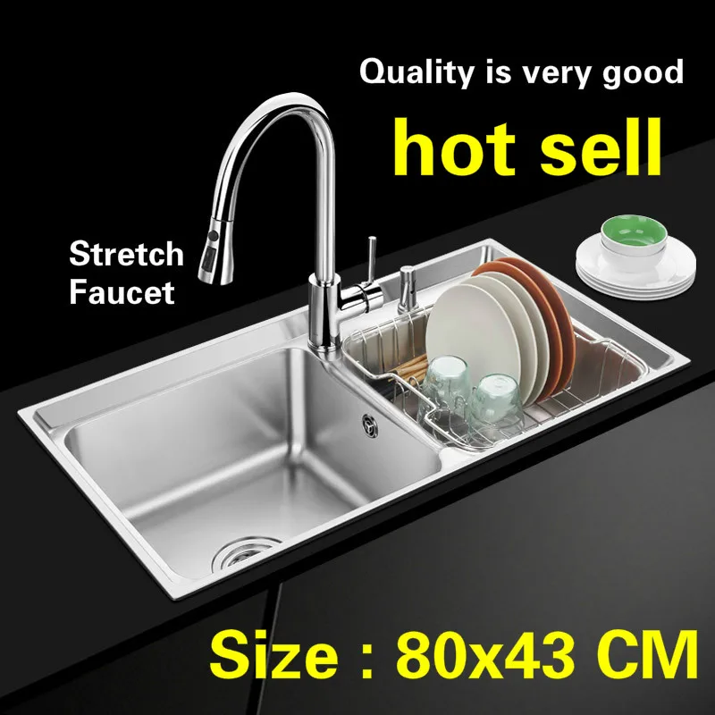 Free shipping Standard stretch faucet kitchen double groove sink fashion 304 food grade stainless steel hot sell big 81x44 CM