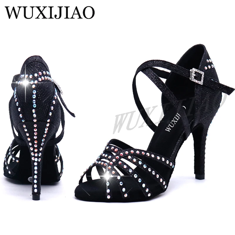 WUXIJIAO New Latin Dance Shoes Women\'s Shoes For Ballroom Dancing Woman Flash Cloth Collocation Shine Rhinestone 5cm-10cm