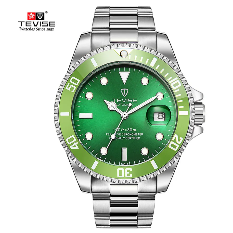 TEVISE Green Watch Men Automatic Mechanical Anti-Scratch Rotatable Outer Ring Waterproof Luminous Mens Watches Top Brand Luxury