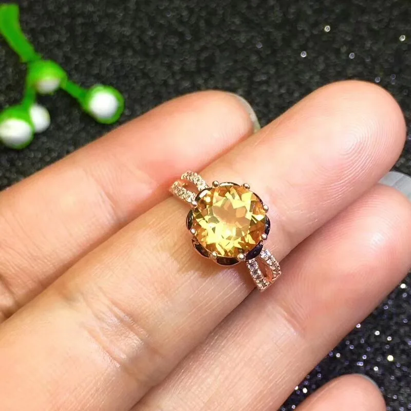 Natural real citrine Ring 925 sterling silver Fine yellow crystal jewelry Handworked jewelry  Gem Size 9mm