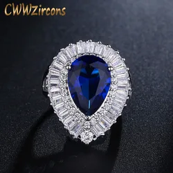 CWWZircons Adjustable Size Fashion Women Wedding Rings High Quality Pear Shape Dark Blue Crystal Ring With CZ Stones R097