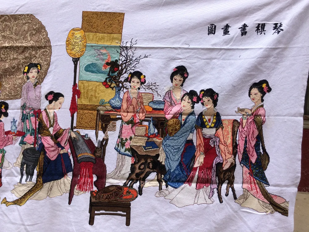 3.24M length 100% hand embroidered Chinese classical painting Eighteen belle- sitting room office decoration stroke cross-stitch