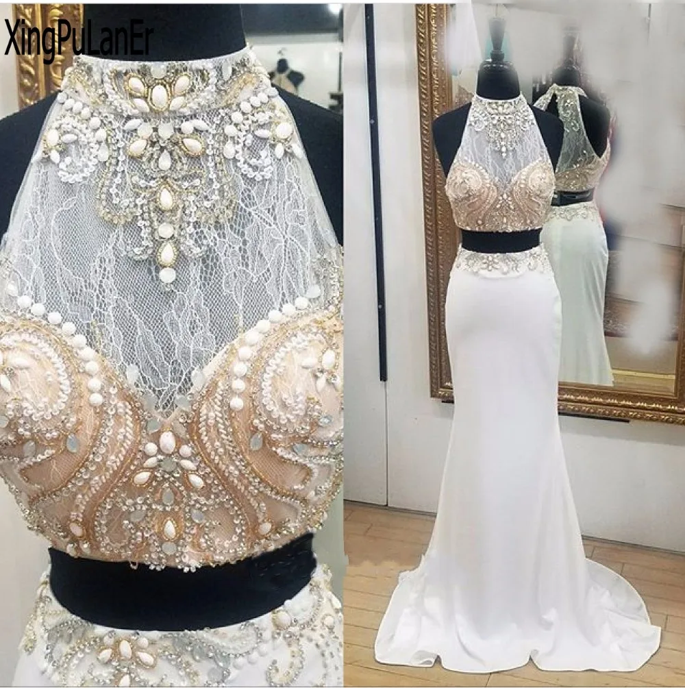 XingPuLanEr Mermaid Hoge Hals Mouwloos Kralen Twee Stukken Wit Lange Avondjurken Pageant Prom Partij Jassen vestido de festa