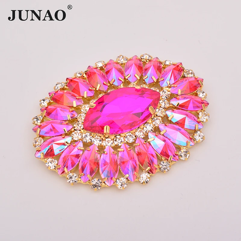 JUNAO 54*70mm 1pcs Sew On Colorful Glass Rhinestone Applique Big Flower Crystal Strass Stones For Dress Shoes Jewelry Crafts