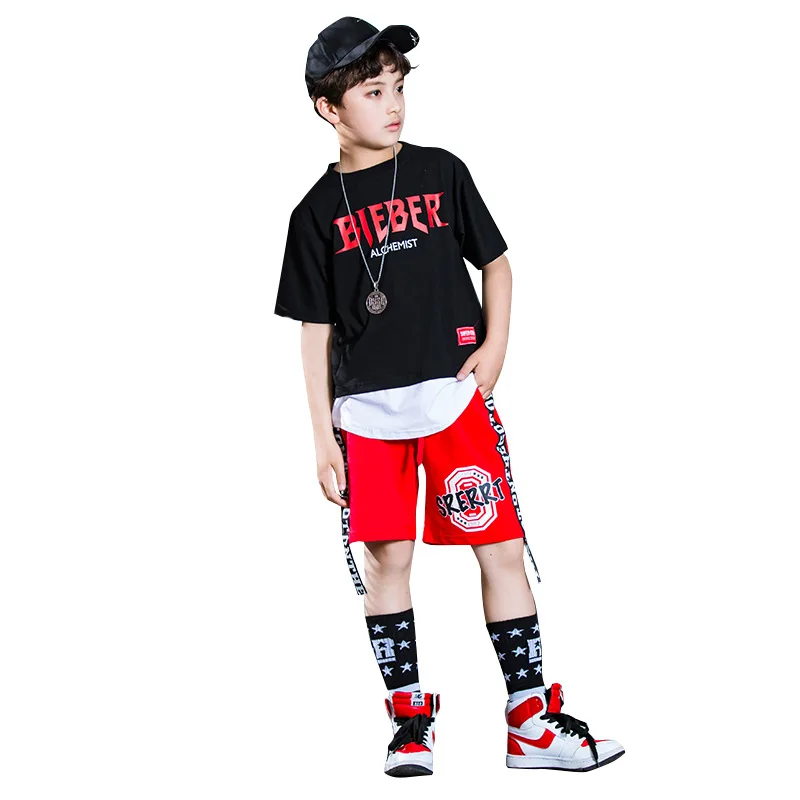 

Summer Boy Sport Print word Clothing Set Short Sleeve+Pants Teen School Fashion Hip hop Perform Clothes child jazz dance costume