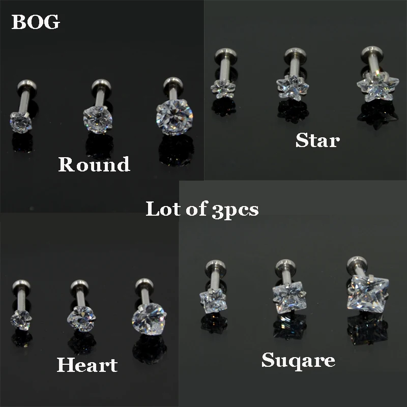 BOG-Lot 3pcs16G CZ Gem Crystal  Tragus Helix Bar Cartilage Top Upper Ear Earring Stud Labret Body Jewelry Piercing Mixed 3 size