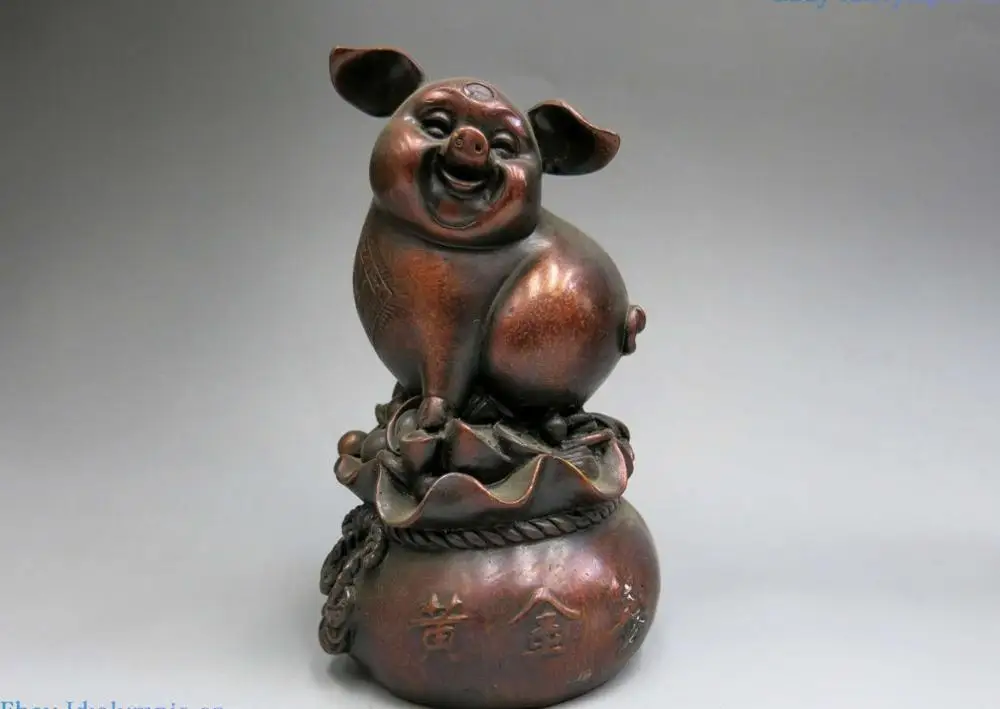 China sculpture carved fine red copper Feng Shui Yuan bao lucky pig Statue