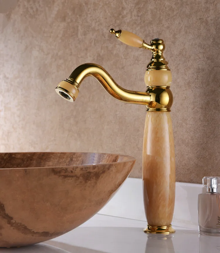 

yELLOW JADE STONE Brass GOLD finish bathroom wash basin vessel sink faucet mixer tall tap single handles /hole Deck mounted