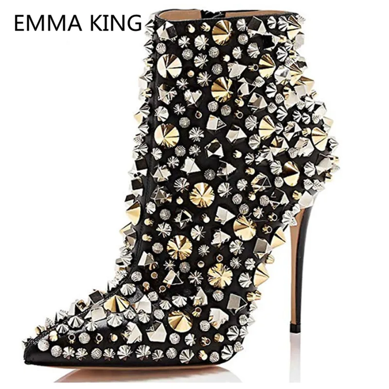 Fashion Pointed Toe Ankle Boots For Women Rivets Studded Designer Party Shoes Sexy High Heels Winter Black Woman Casual Boots