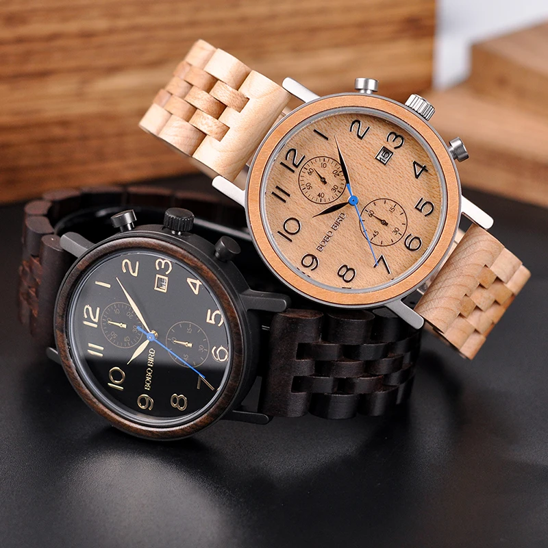 relogio masculino BOBO BIRD Top Brand Mens Watch Quartz Wristwatches Chronograph Date Show Best Gift In Wood Box V-S08