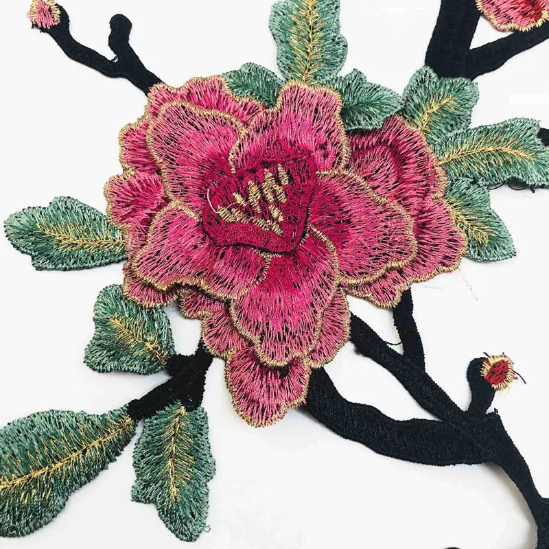 Embroidered 3D Peony Flowers Leaves Sew Patch Collar Trimmings Applique For Wedding Dress Clothes Decor DIY Crafts