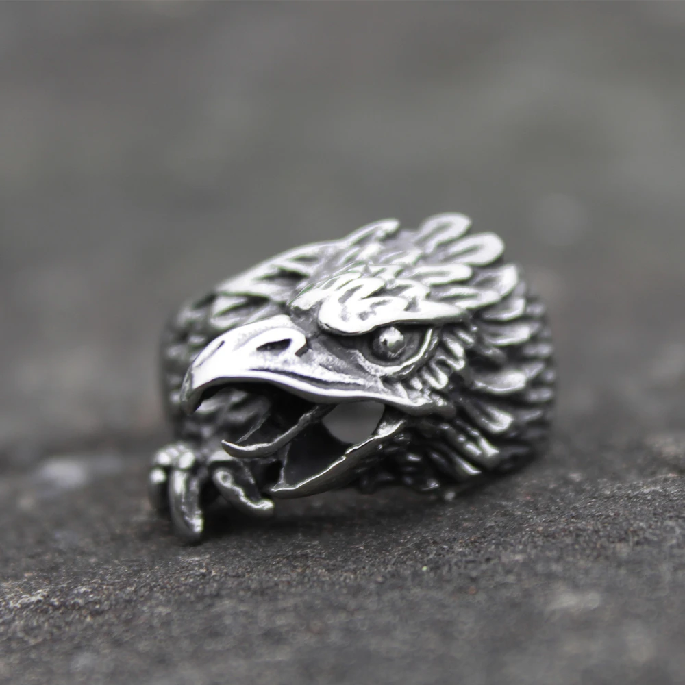 Viking Mens Silver Color Stainless Steel Raven Rings Norse Animal Eagle Ring Biker Jewelry