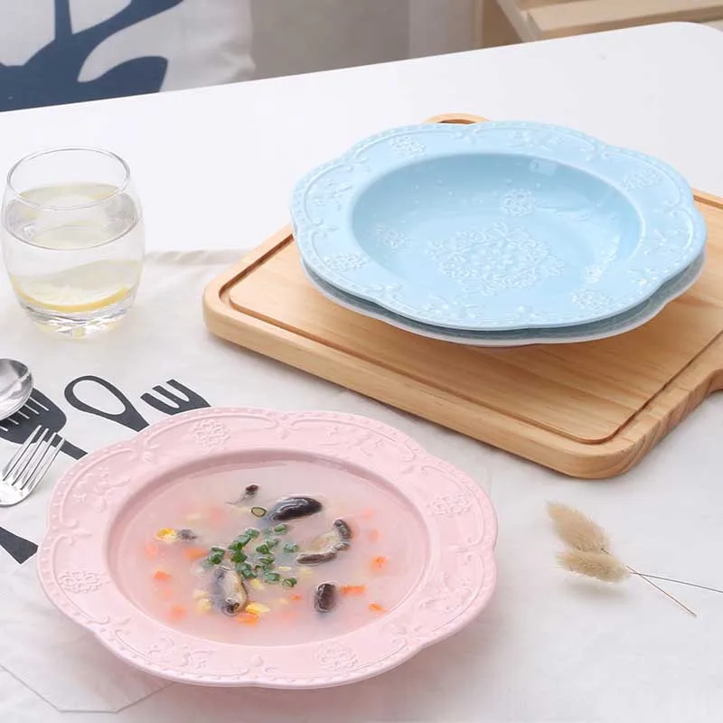 Ceramic Plate Soup Bowl Dinner Plate Deep Tray Flower Shape Dish Salad Dishes Round Platos Fast Food Tray Home Tableware 9 inch