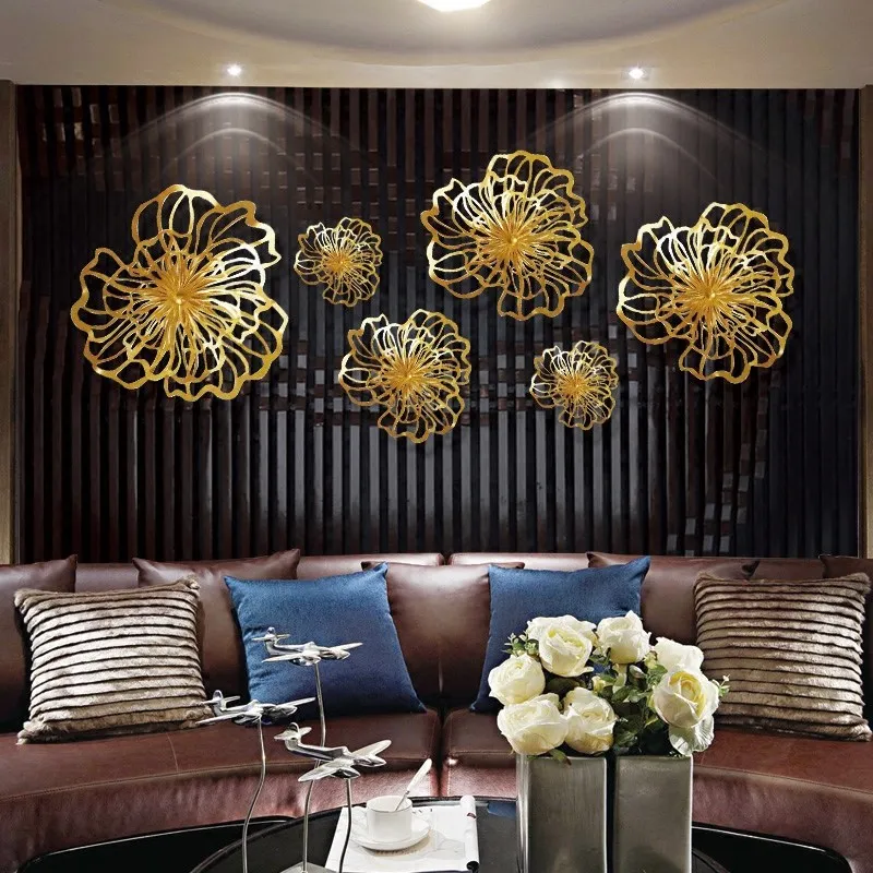 

Modern Wrought Iron Gold Flower Wall Mural Accessories Hotel Club Wall Hanging Crafts Decoration Home Livingroom 3D Wall Sticker