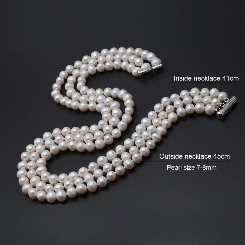 Real pearl necklace silver jewelry,freshwater pearl three stand chocker necklace Jewelry bridal necklace for Women drop shipping
