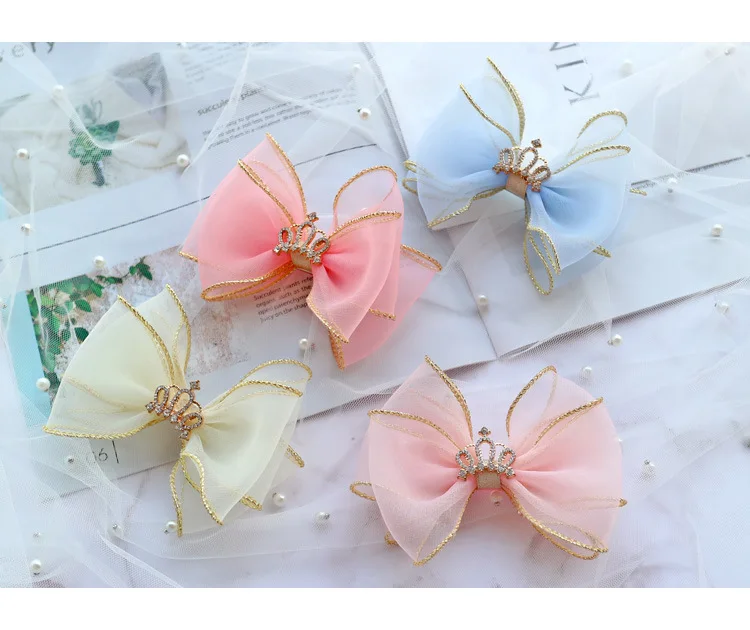 

Boutique ins 12pcs Fashion Cute Glitter Tiaras Hairpins Solid Crown Gauze Bowknot Hair Clips Princess Headwear Hair Accessories