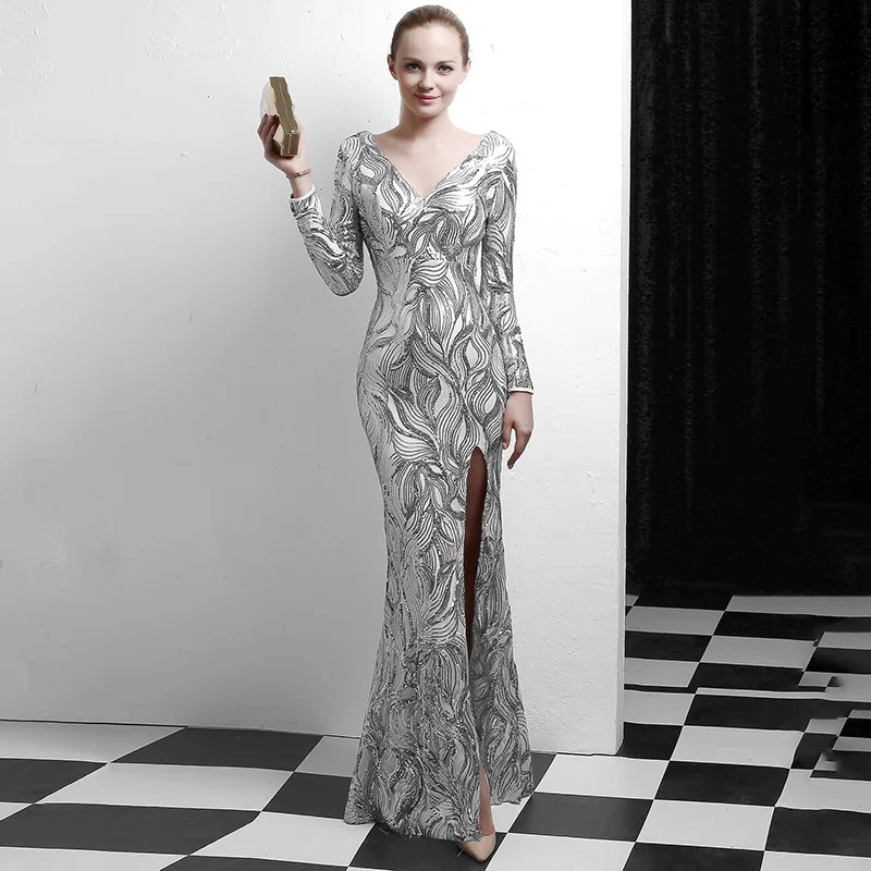 

Corzzet Sequined Silver Mermaid Dresses Long Maxi Party Gowns Long Sleeve Sexy Slit V Neck Elegant Evening Party Dress