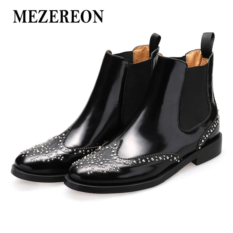 MEZEREON Women Shoes Patent Leather Woman Ankle Boots Brogue Shoes Slip On Ladies Rivets Boots For Women Chelsea Boots EUR 43