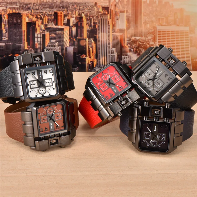 Oulm Western Unique Sport Watch Big Dial Square Face Men Casual Wristwatch Built-in Button Design Male Quartz Watches