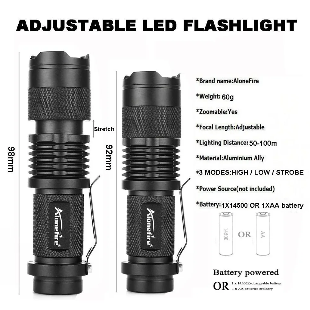 AloneFire SK68 Mini Flashlight 2000lm xpe Q5 LED Aluminum Zoom Torch Waterproof Camping Lamp Penlight Zaklamp AA/14500 battery