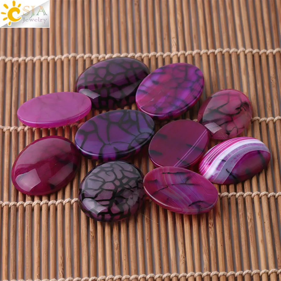 CSJA Natural Cabochon Stone Beads Rose Red Striped Agates Semi-Precious Oval CAB for DIY Handmade Jewelry Making Needlework F836