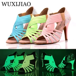 Chaussures de brevLatine pour Femme, en Tissu PU Fluorescent, Bleu, Rose, Vert, pour Spectacle de Salle de Bal, Salsa