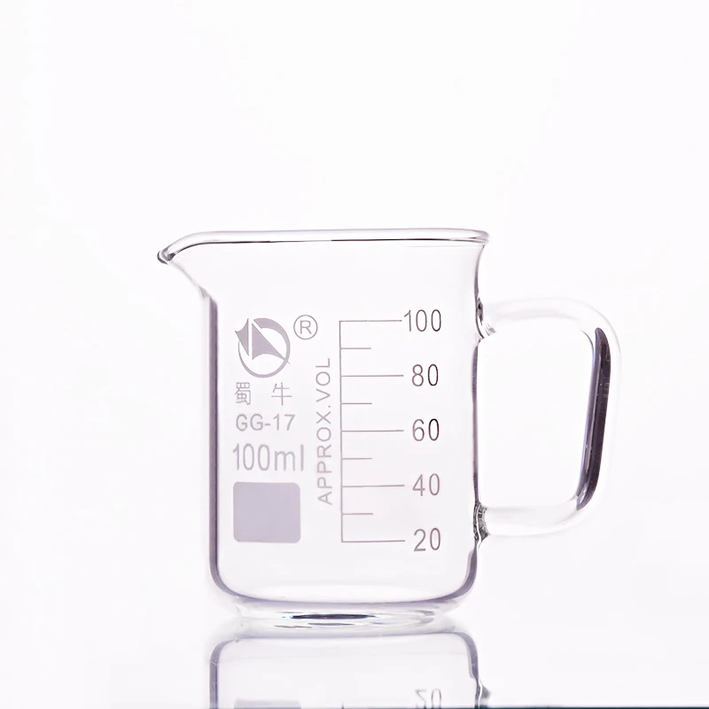 

With handle beaker in low form,Capacity 100ml,Outer diameter=52mm,Height=72mm,Laboratory beaker with handle