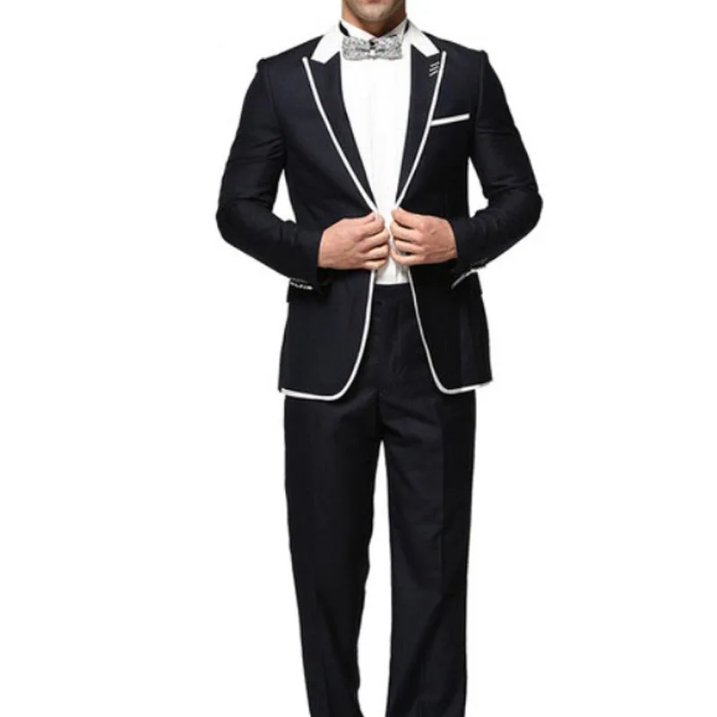 

Custom Made Navy Blue Men Suits White Lapel Prom Wear Man Blazers Slim Fit Groom Tuxedo Costume Homme 2Piece Jacket Pants Ternos