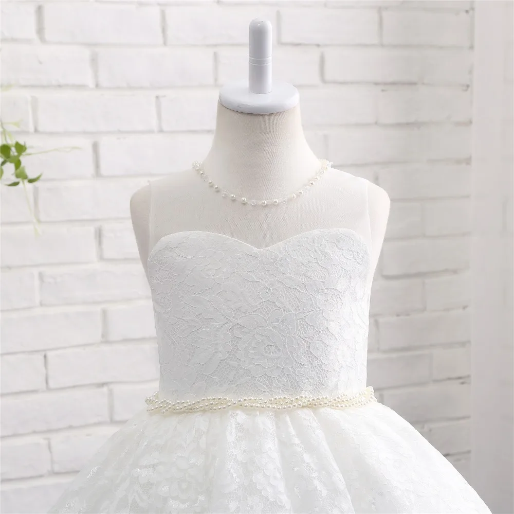 JaneVini Princesa Branco UMA Linha Lace Pérolas Da Menina de Flor Vestidos de 2019 O Pescoço Caixilhos Tea-Length Meninas Pageant Primeira vestido de comunhão