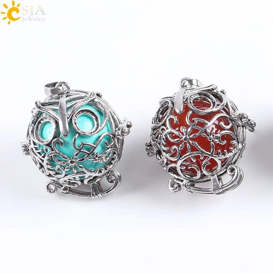 CSJA Cute Owl Openable Locket Pendants Antique Cage Ball Gem Stone Amulet Natural Jewelry Pink Quartz Opal Green Aventurine E683