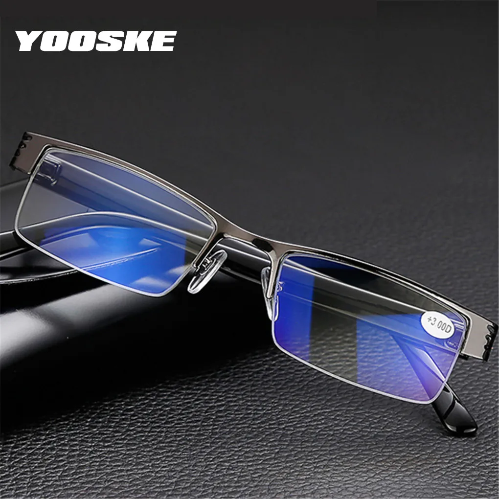 

YOOSKE Blue Film Resin Reading Glasses Men Women Metal Half Frame Hyperopia Eyeglasses +1.0 1.52.02.5 3.0 3.5 4.0 Diopter