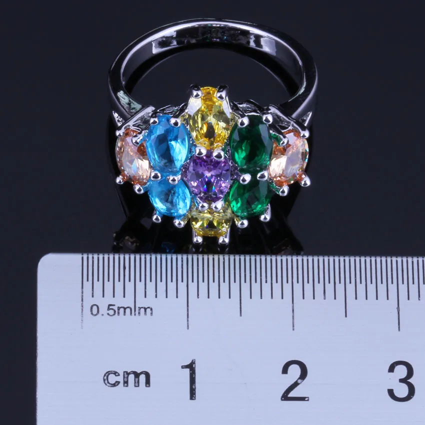 Glamorous Oval Multigem Multicolor Yellow Cubic Zirconia Silver Plated Ring V0421