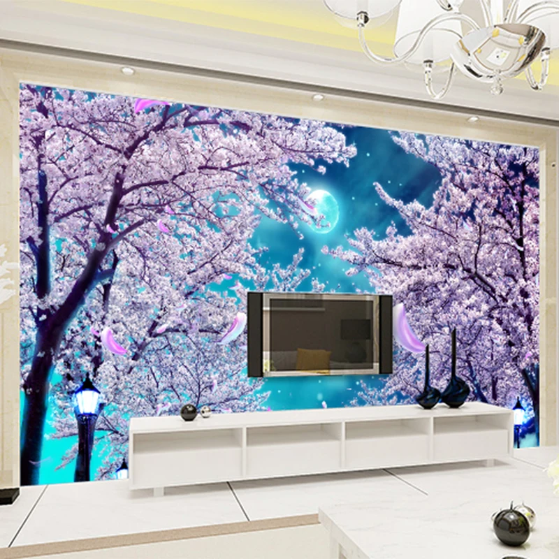 Custom Any Size Mural Wallpaper 3D Blue Sky Cherry Blossom Tree Flowers Wall Cloth Modern Landscape Living Room Papel De Parede