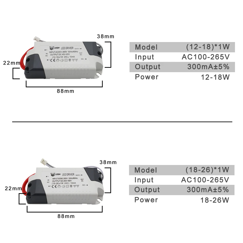 Sterownik stałoprądowy LED 220V 1-3W 4-7W 7-12W 12-18W 26-36W 37-50W Wyjście zasilania 300mA 240mA Zewnętrzne do oświetlenia LED typu Downlight